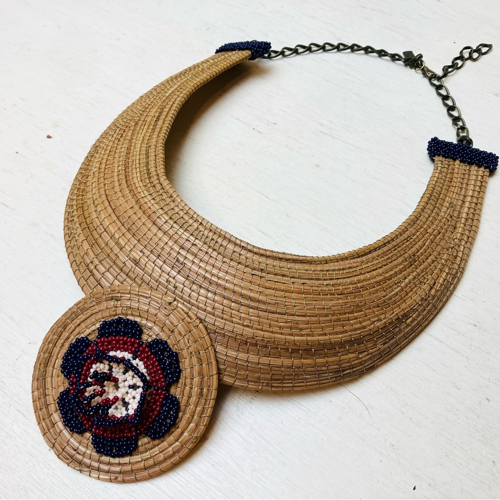 Handcrafted Straw Collar Necklace with Navy & Natural Beads